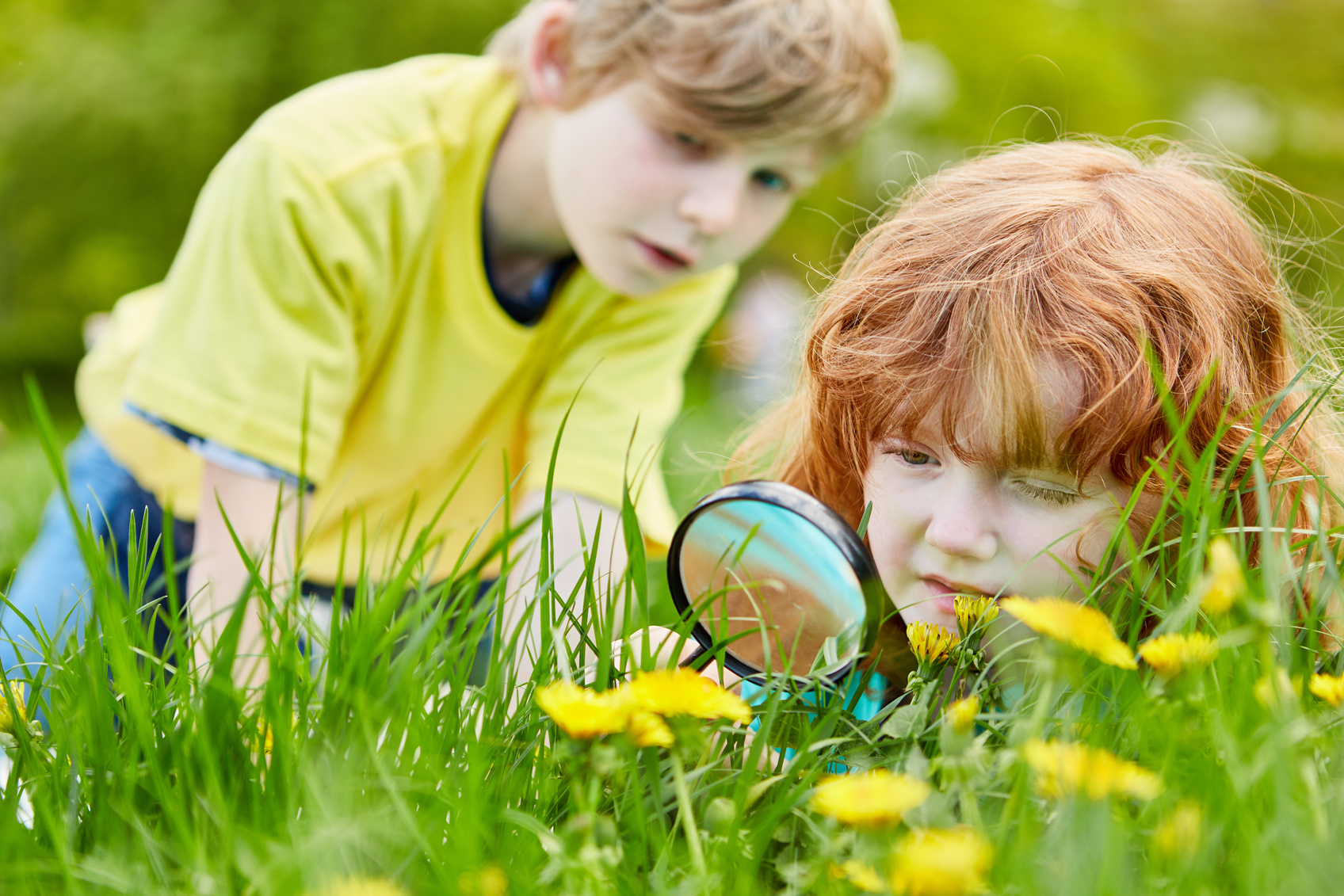 Children Discover Nature with Magnifying Glass